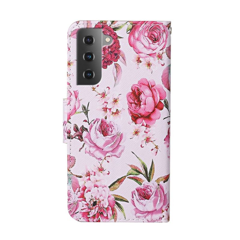 Custodia in pelle Samsung Galaxy S22 Plus 5G Fiori Magistrali Con Cinturino