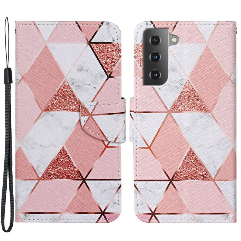 Custodia in pelle Samsung Galaxy S22 Plus 5G Marmo E Paillettes Con Cinturino