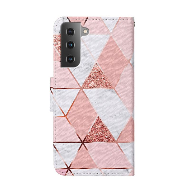 Custodia in pelle Samsung Galaxy S22 Plus 5G Marmo E Paillettes Con Cinturino