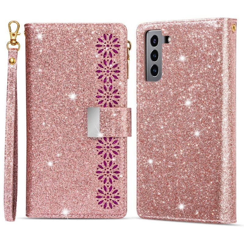 Custodia in pelle Samsung Galaxy S22 Plus 5G Portafoglio Portafoglio Con Zip In Paillettes