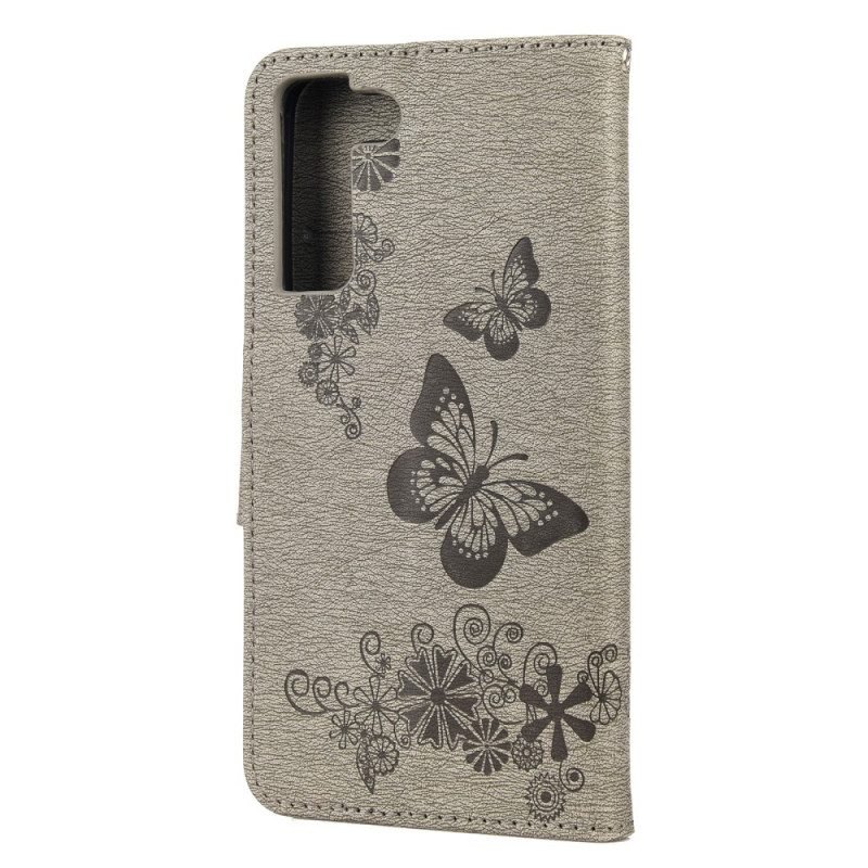 Custodia in pelle Samsung Galaxy S22 Plus 5G Splendide Farfalle Cinturino