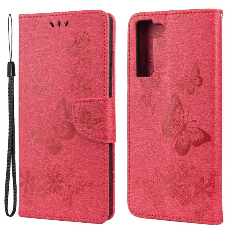 Custodia in pelle Samsung Galaxy S22 Plus 5G Splendide Farfalle Cinturino