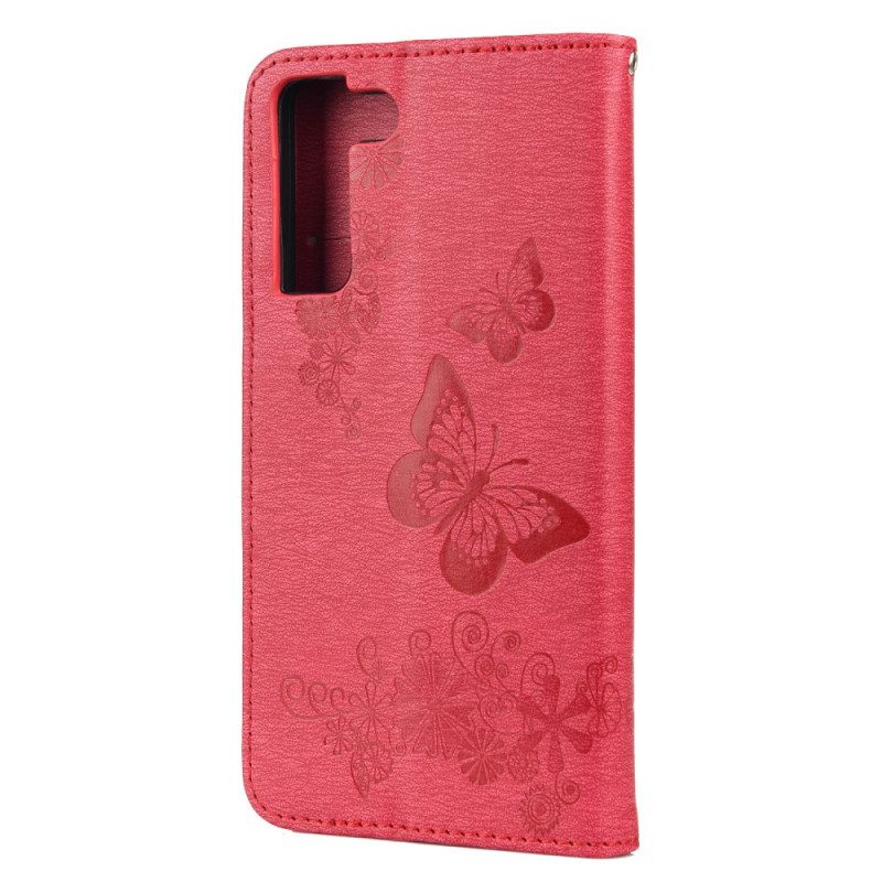 Custodia in pelle Samsung Galaxy S22 Plus 5G Splendide Farfalle Cinturino