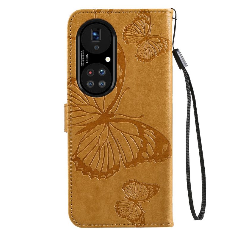 Custodia in pelle Huawei P50 Pro Farfalle Con Cinturino Gigante