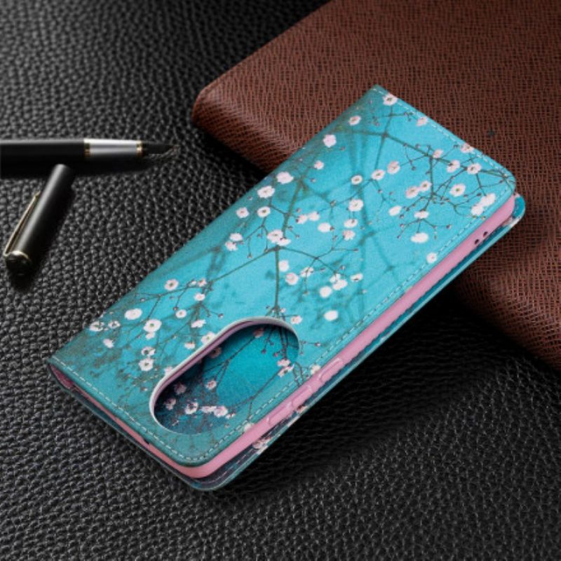 Folio Cover Huawei P50 Pro Custodia in pelle Rami Fioriti