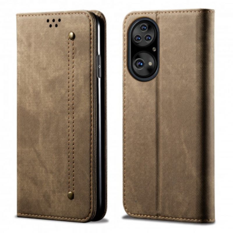 Folio Cover Huawei P50 Pro Custodia in pelle Trama Di Jeans In Ecopelle