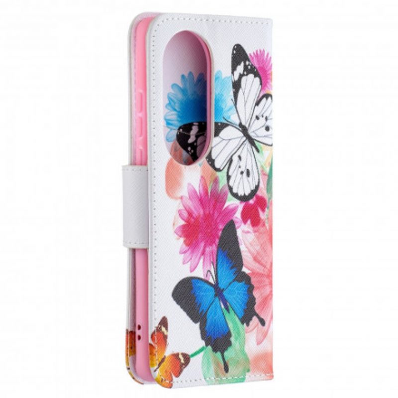 Folio Cover Huawei P50 Pro Farfalle E Fiori Dipinti