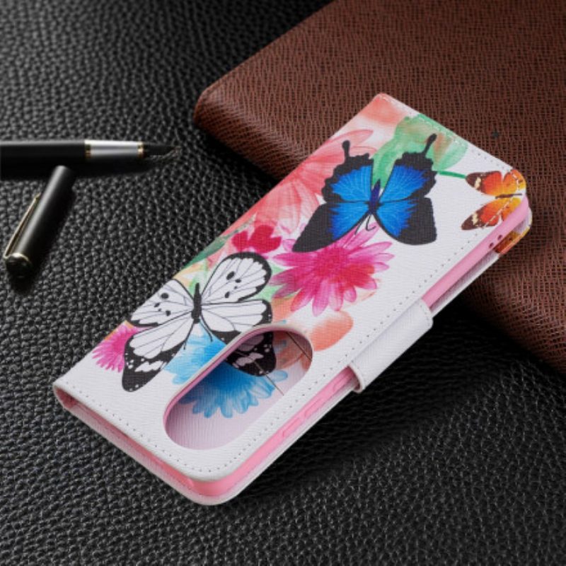 Folio Cover Huawei P50 Pro Farfalle E Fiori Dipinti