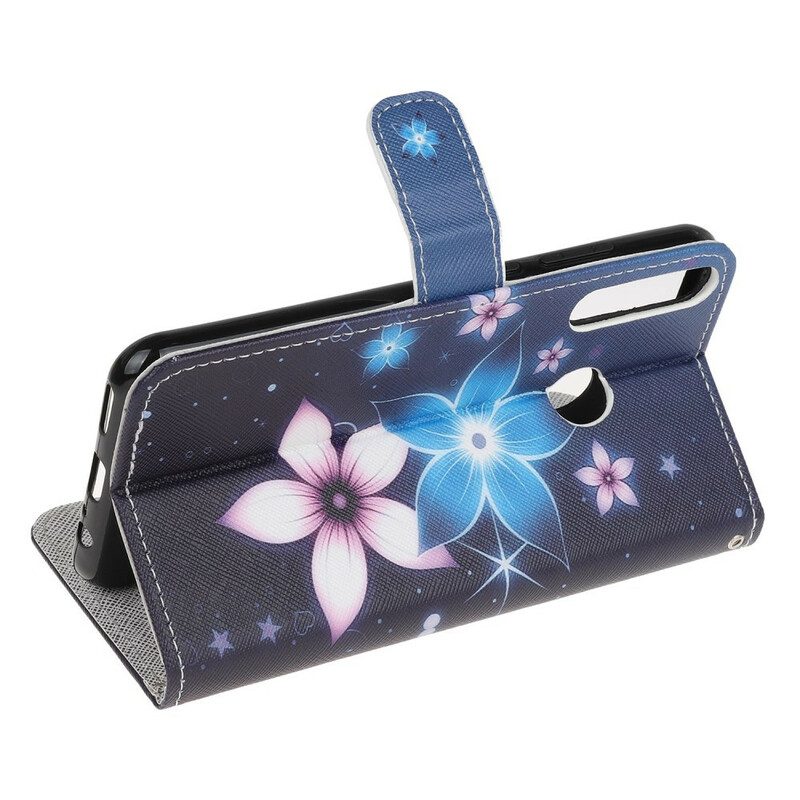 Custodia in pelle Huawei P40 Lite E Cinturino Lunare Fiori