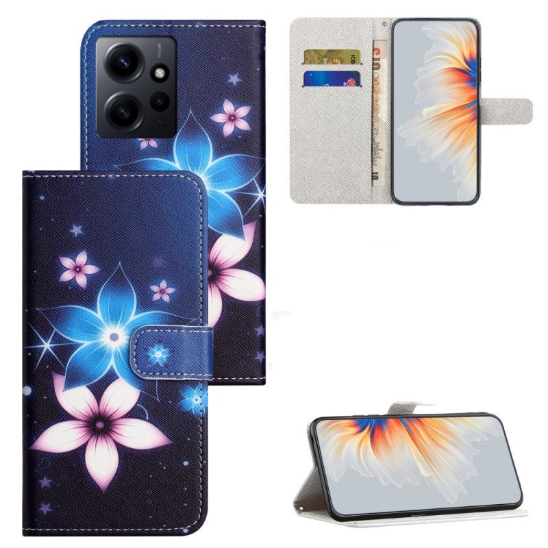 Custodia in pelle Xiaomi Redmi Note 12 4G Cinturino Lunare Fiori