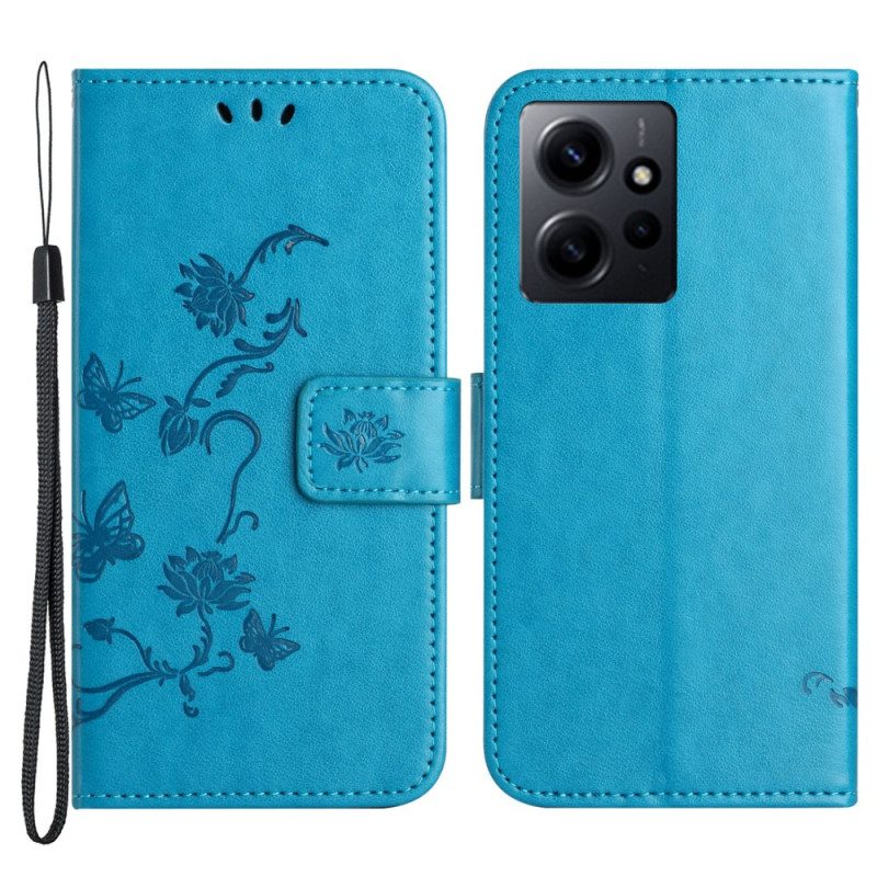 Custodia in pelle Xiaomi Redmi Note 12 4G Fiori E Farfalle Con Cinturino