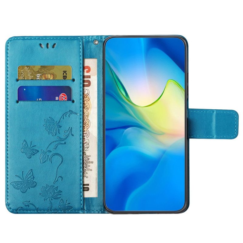 Custodia in pelle Xiaomi Redmi Note 12 4G Fiori E Farfalle Con Cinturino