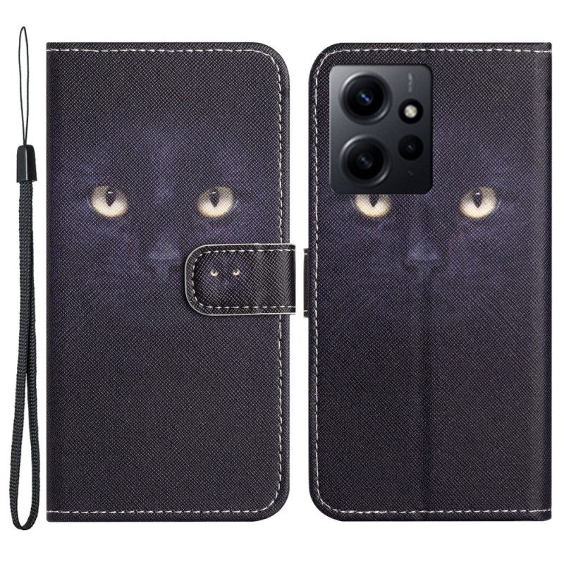 Custodia in pelle Xiaomi Redmi Note 12 4G Gatto Dagli Occhi Verdi Con Cordino