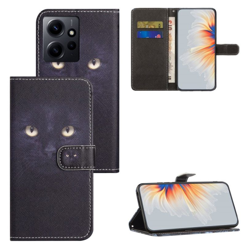 Custodia in pelle Xiaomi Redmi Note 12 4G Gatto Dagli Occhi Verdi Con Cordino