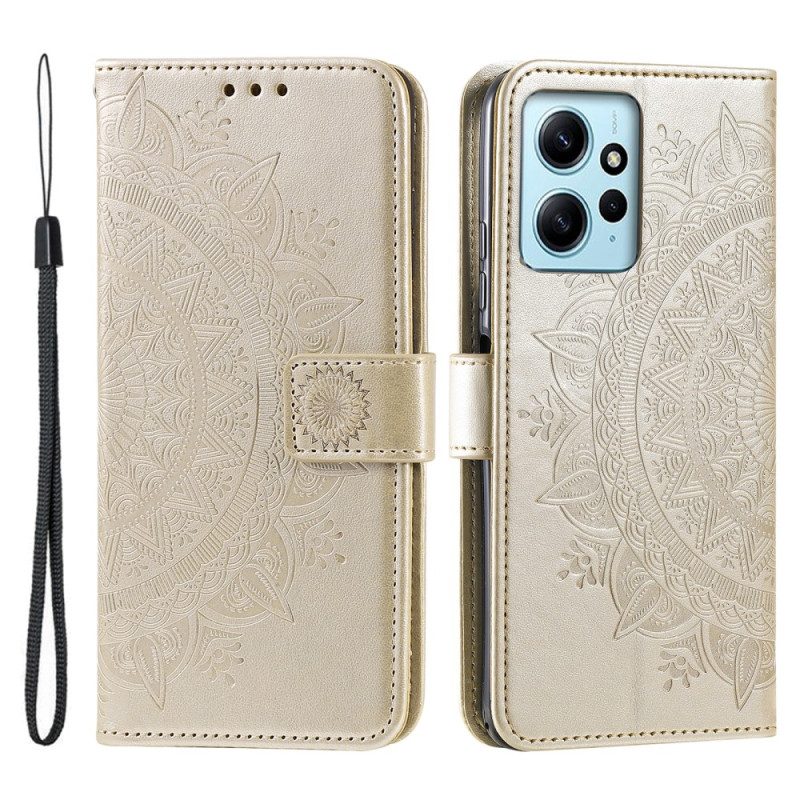 Custodia in pelle Xiaomi Redmi Note 12 4G Mandala Sole Con Cordino