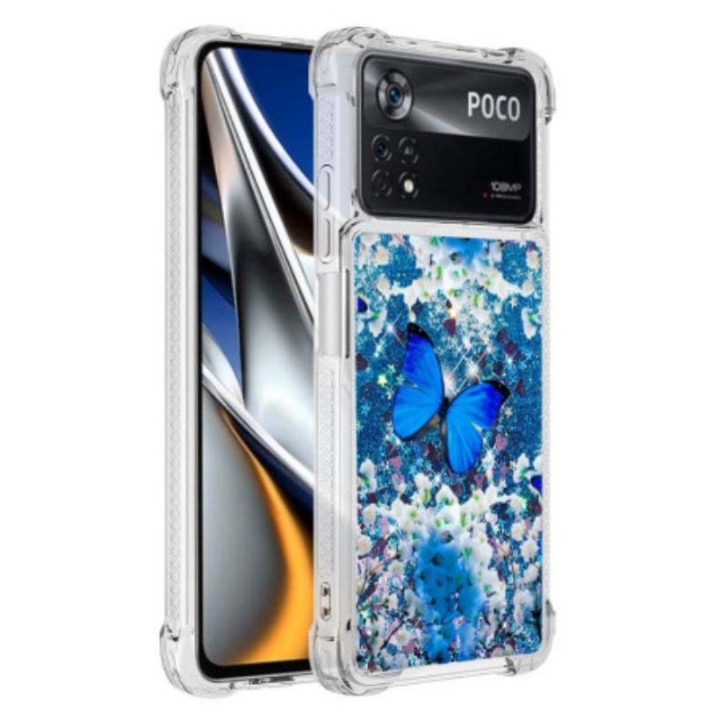 Cover Poco X4 Pro 5G Farfalle Blu Glitterate