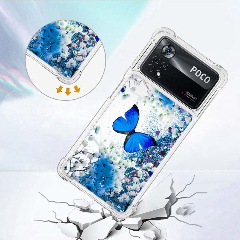 Cover Poco X4 Pro 5G Farfalle Blu Glitterate