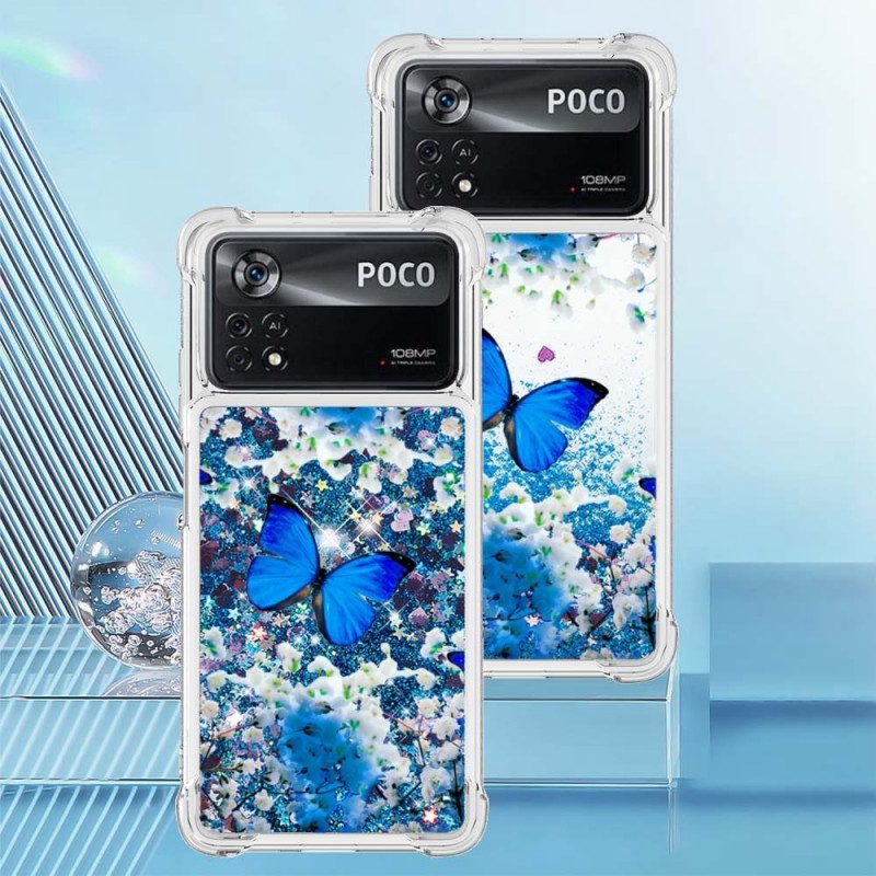 Cover Poco X4 Pro 5G Farfalle Blu Glitterate