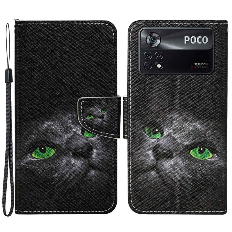 Custodia A Portafoglio Poco X4 Pro 5G Gatto Dagli Occhi Verdi In Cinturino