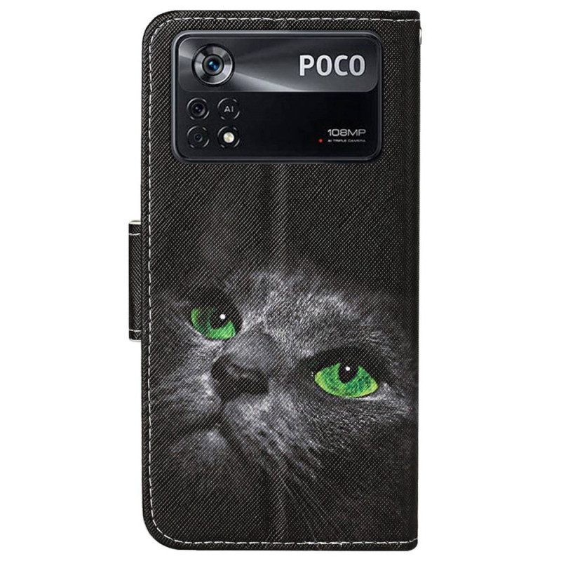 Custodia A Portafoglio Poco X4 Pro 5G Gatto Dagli Occhi Verdi In Cinturino