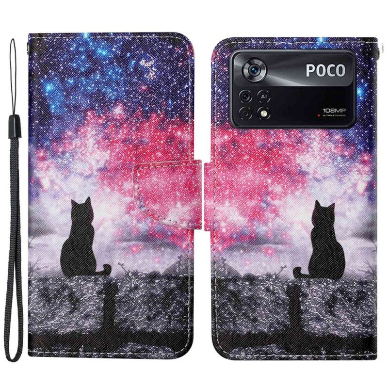 Custodia in pelle Poco X4 Pro 5G Gatto Nella Notte Con Cinturino