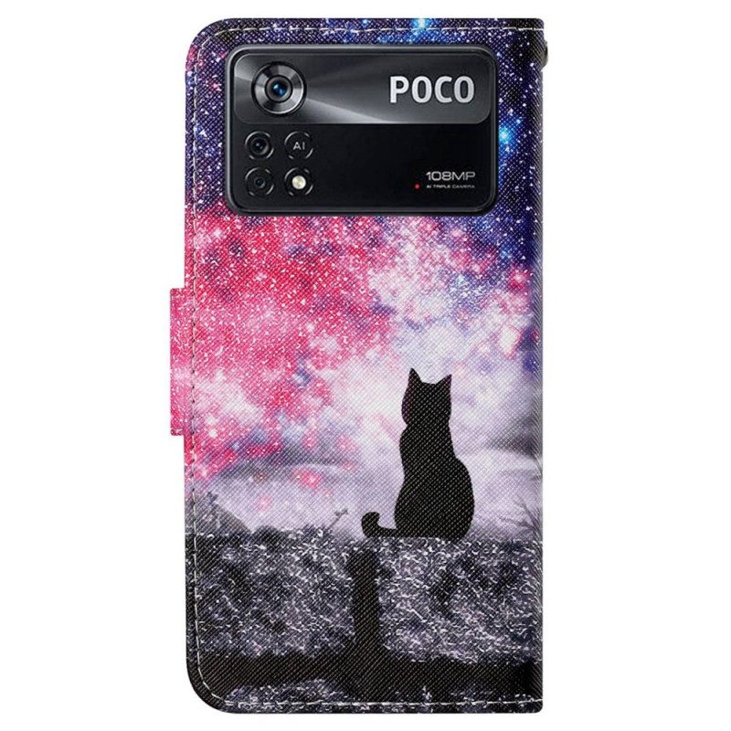 Custodia in pelle Poco X4 Pro 5G Gatto Nella Notte Con Cinturino