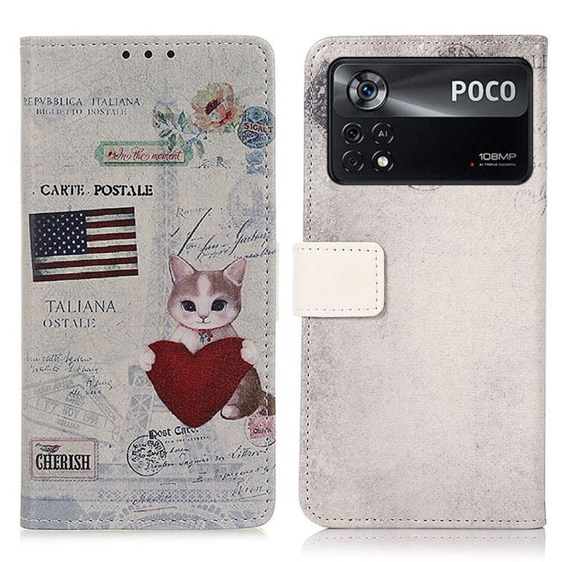 Custodia in pelle Poco X4 Pro 5G Gatto Viaggiatore