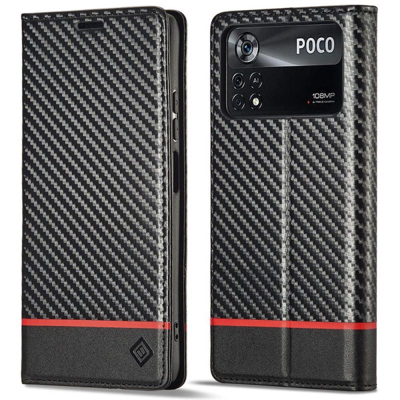 Folio Cover Poco X4 Pro 5G Custodia in pelle Fibra Di Carbonio Lc.imeeke