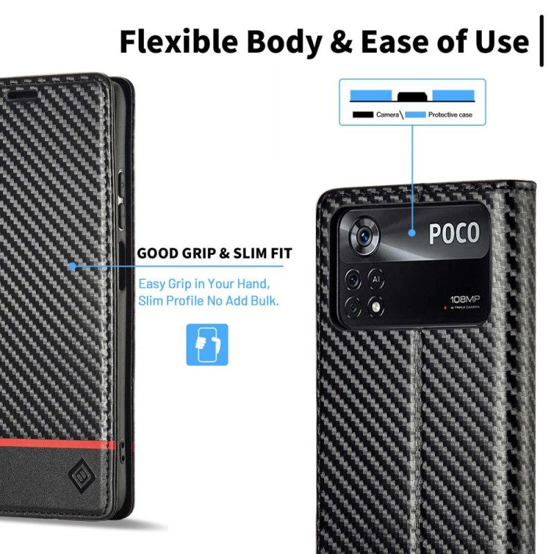 Folio Cover Poco X4 Pro 5G Custodia in pelle Fibra Di Carbonio Lc.imeeke