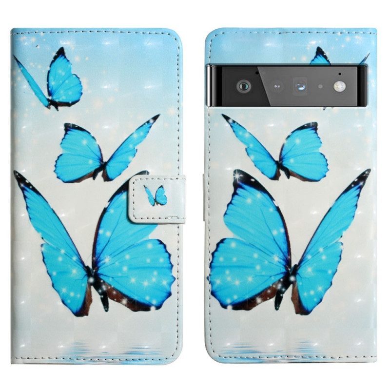 Custodia in pelle Google Pixel 6 Farfalle Blu Volanti