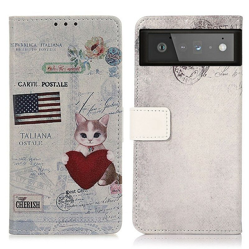 Custodia in pelle Google Pixel 6 Gatto Viaggiatore