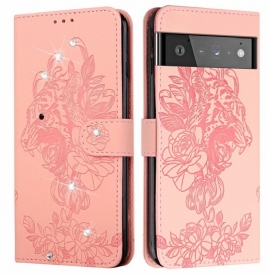 Custodia in pelle Google Pixel 6 Tigre Barocca E Strass