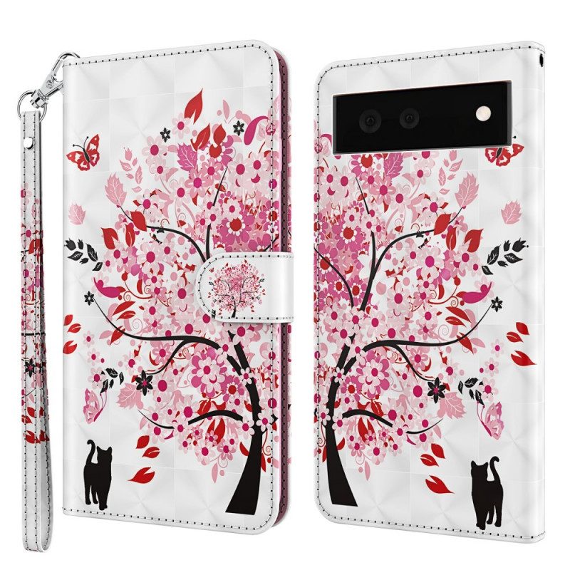 Folio Cover Google Pixel 6 Albero Rosa E Gatto Nero