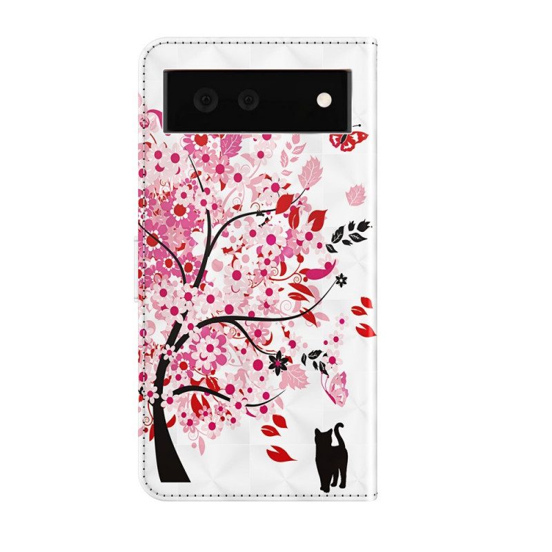 Folio Cover Google Pixel 6 Albero Rosa E Gatto Nero