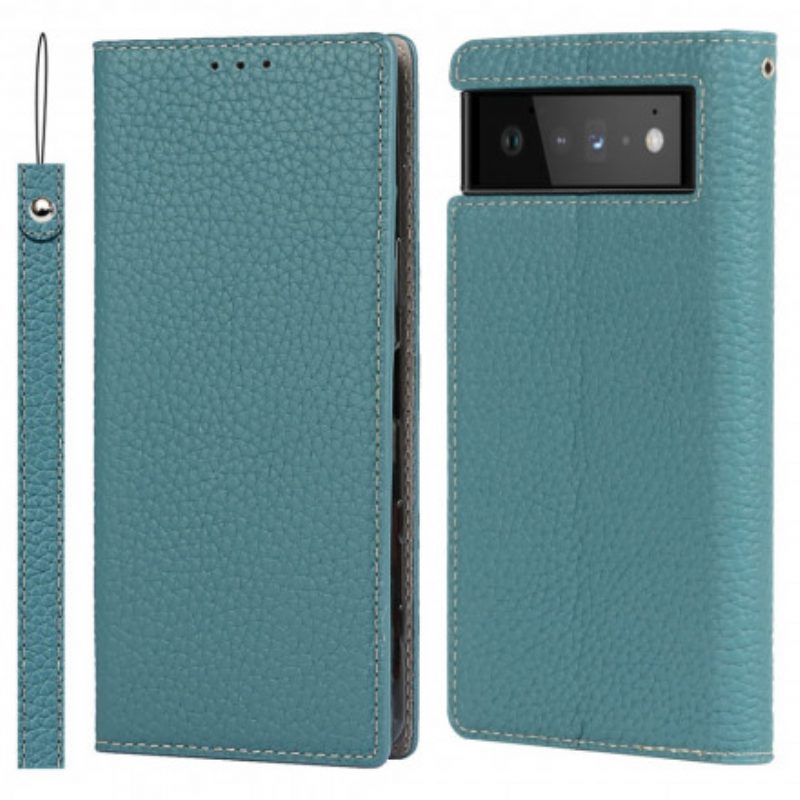 Folio Cover Google Pixel 6 Custodia in pelle Cinturino In Vera Pelle Di Litchi