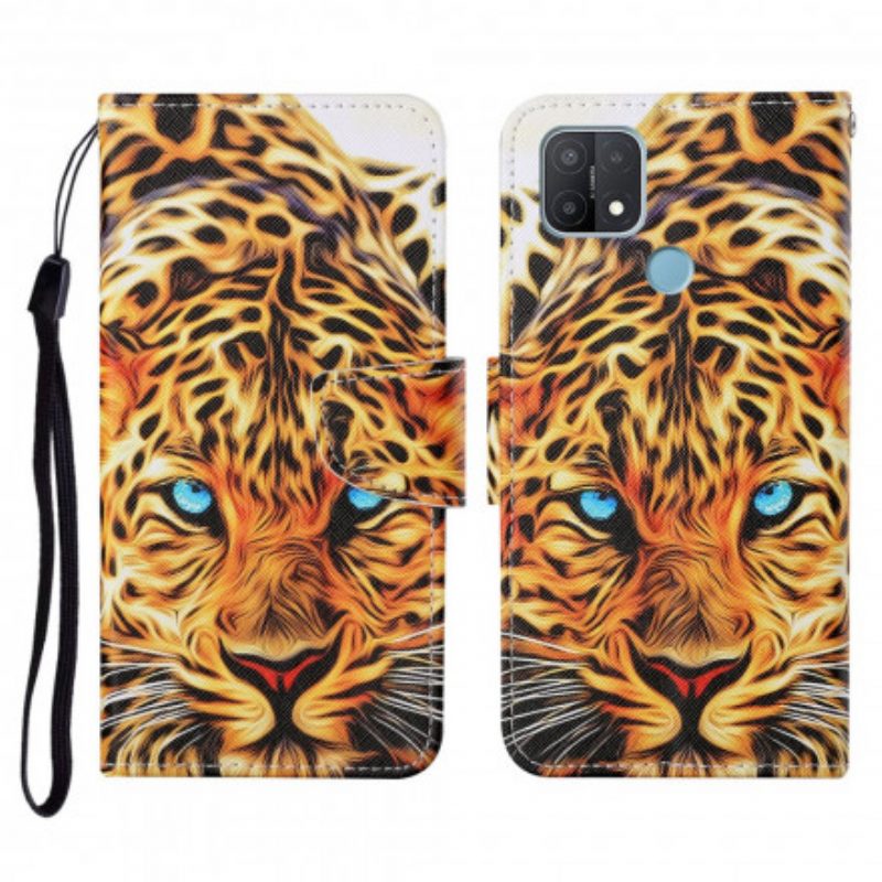 Custodia in pelle Oppo A15 Tigre Con Cordino