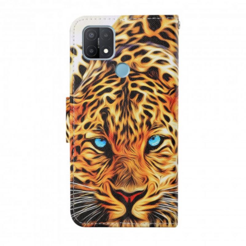 Custodia in pelle Oppo A15 Tigre Con Cordino