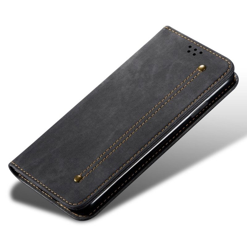 Folio Cover Oppo A15 Custodia in pelle Tessuto Denim