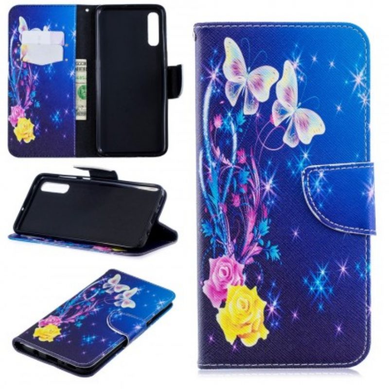 Custodia in pelle Samsung Galaxy A70 Farfalle Dorate