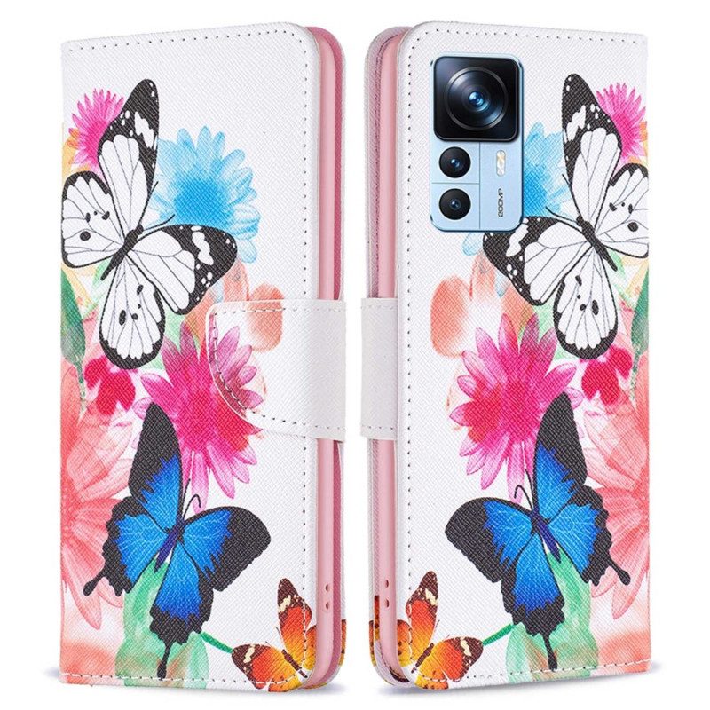 Custodia in pelle Xiaomi 12T / 12T Pro Farfalle E Fiori Dipinti