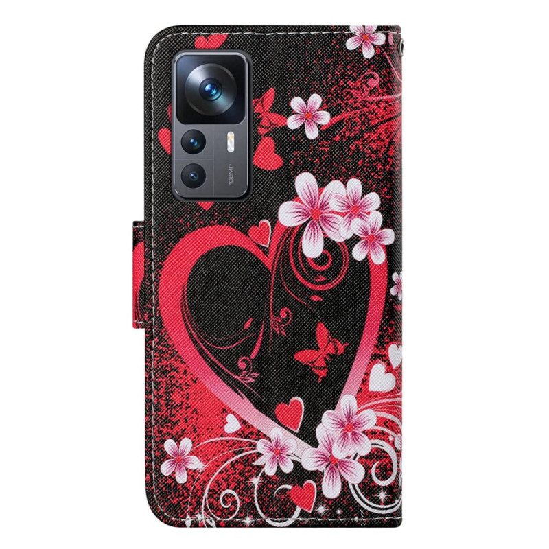 Custodia in pelle Xiaomi 12T / 12T Pro Fiori E Cuori Con Cordino