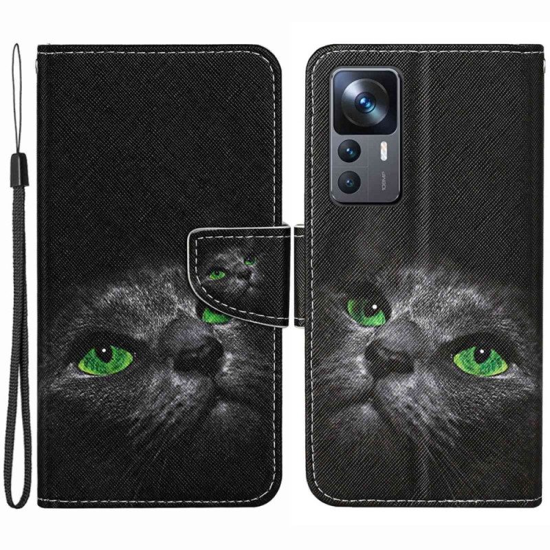 Custodia in pelle Xiaomi 12T / 12T Pro Gatto Dagli Occhi Verdi In Cinturino