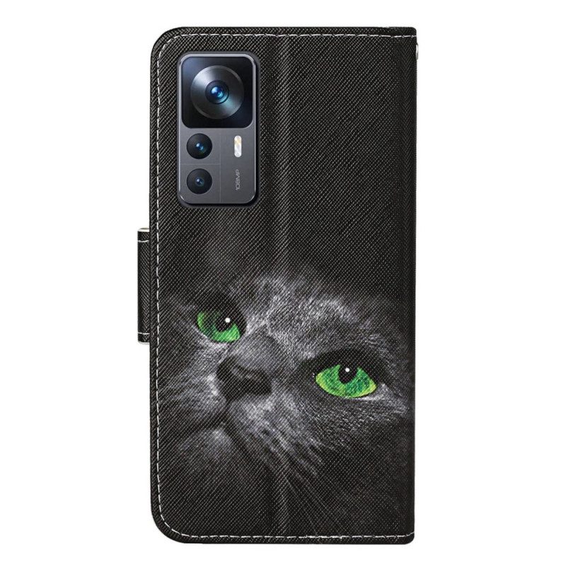 Custodia in pelle Xiaomi 12T / 12T Pro Gatto Dagli Occhi Verdi In Cinturino