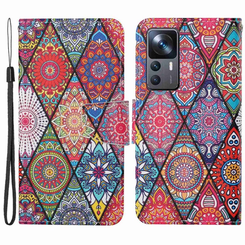 Custodia in pelle Xiaomi 12T / 12T Pro Patchwork Con Cordino