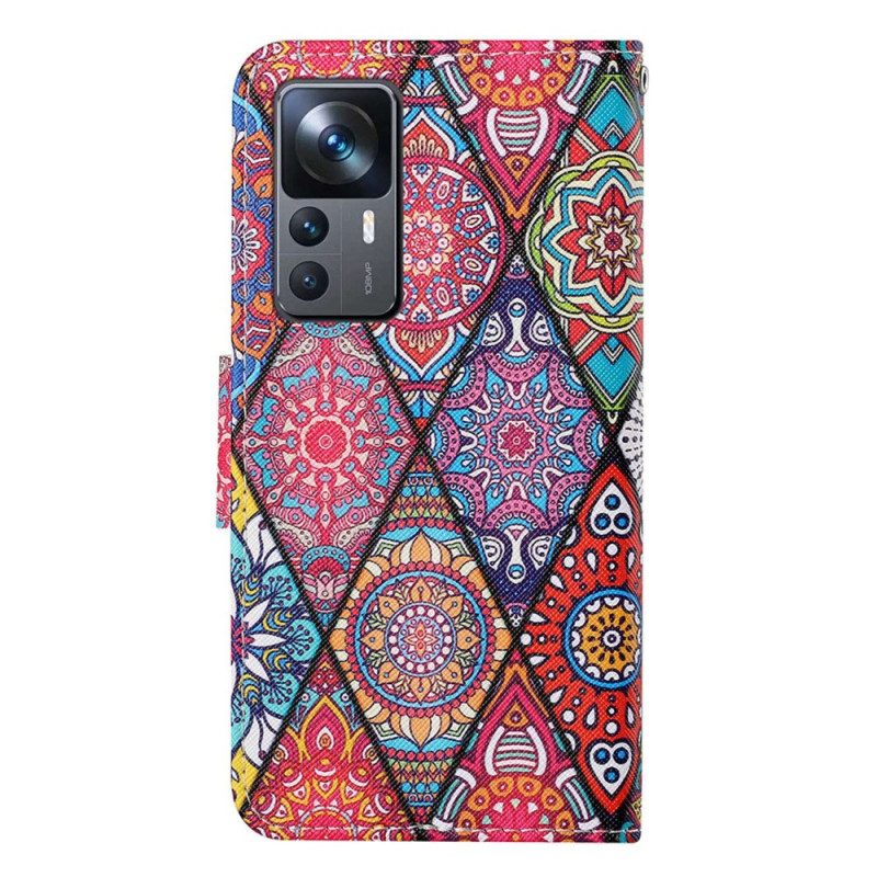 Custodia in pelle Xiaomi 12T / 12T Pro Patchwork Con Cordino