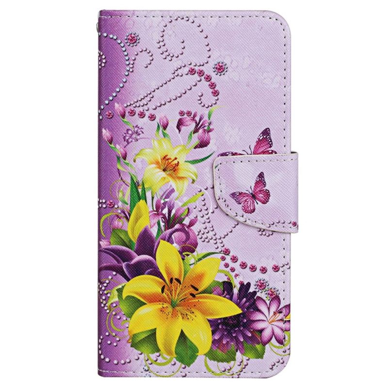 Folio Cover Xiaomi 12T / 12T Pro Farfalle Di Fiori Con Cordino