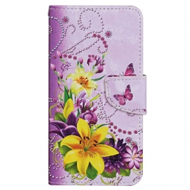 Folio Cover Xiaomi 12T / 12T Pro Farfalle Di Fiori Con Cordino