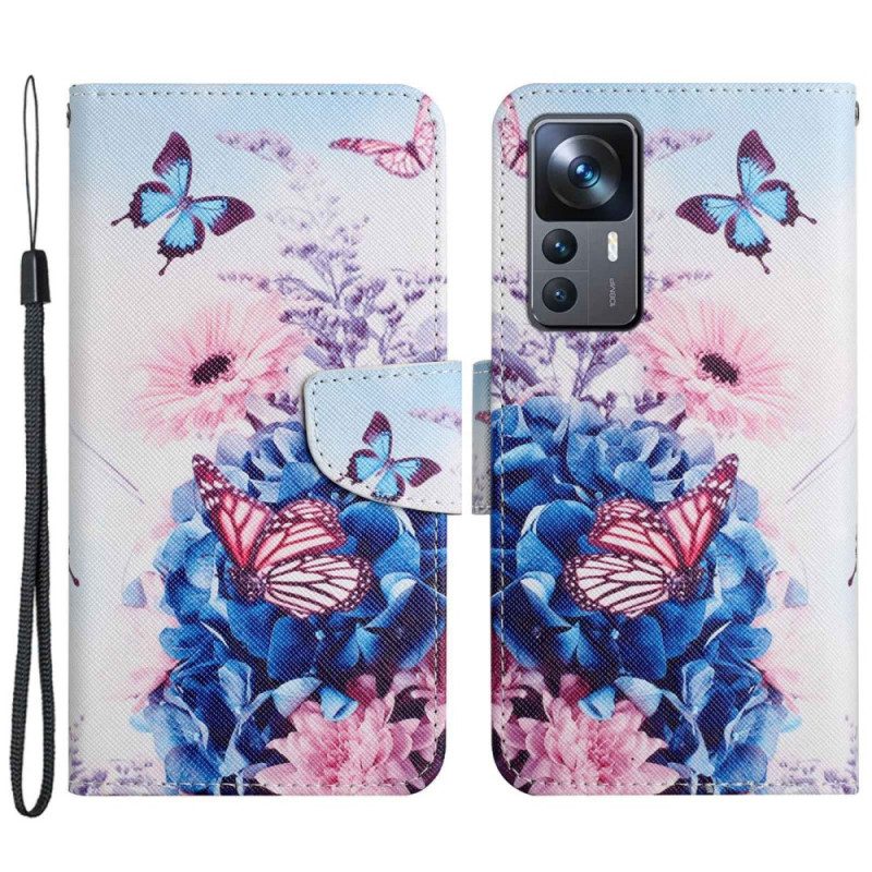 Folio Cover Xiaomi 12T / 12T Pro Farfalle Di Fiori Con Cordino