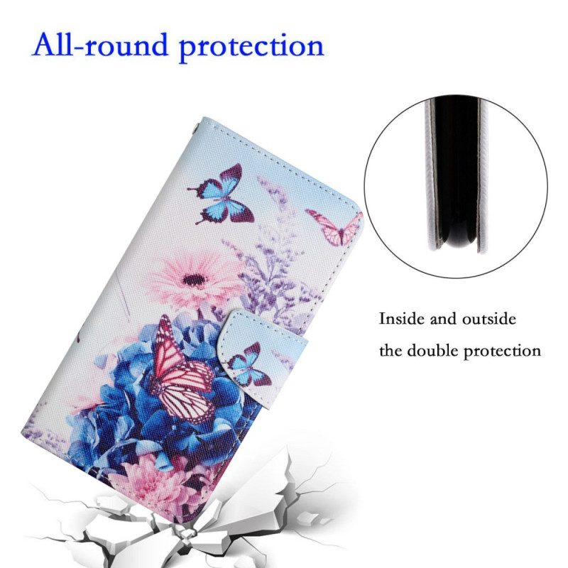 Folio Cover Xiaomi 12T / 12T Pro Farfalle Di Fiori Con Cordino