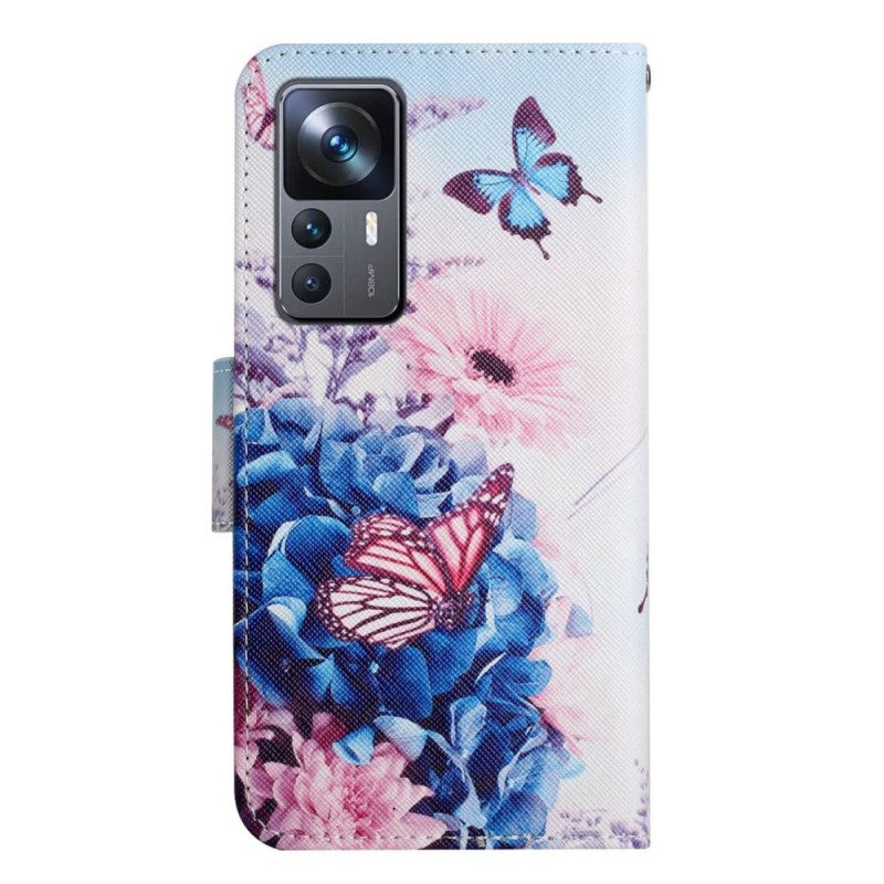 Folio Cover Xiaomi 12T / 12T Pro Farfalle Di Fiori Con Cordino